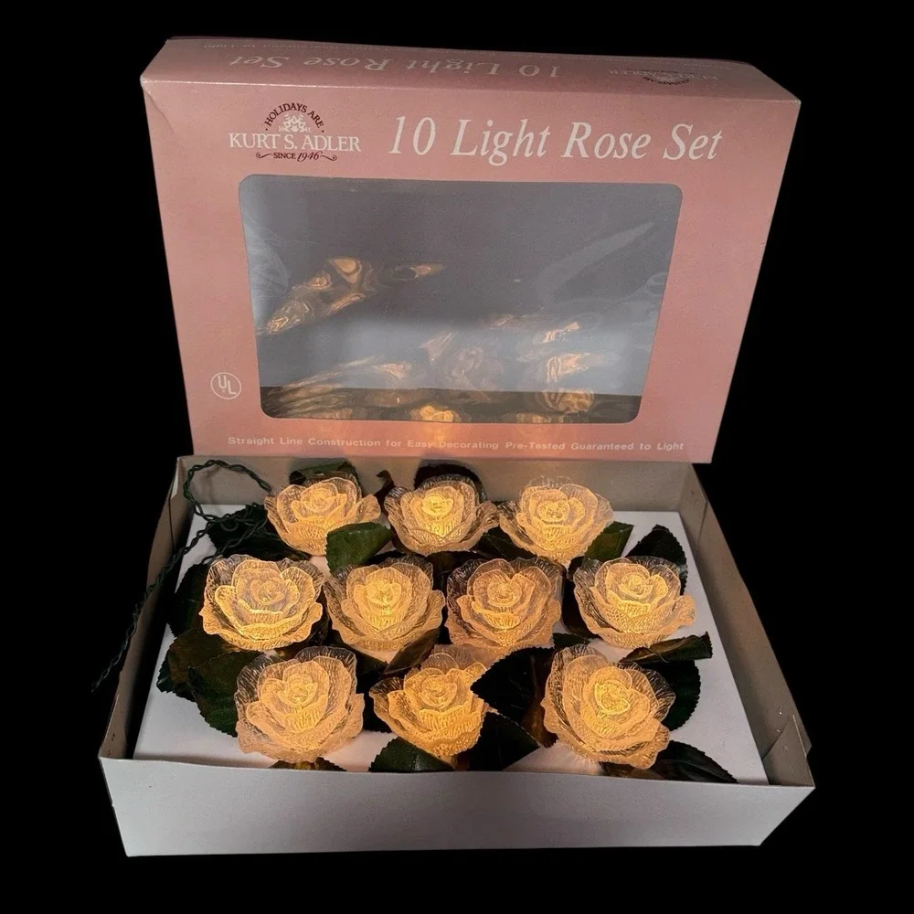 Kurt Adler White Rose String Lights 10 Light Set Wedding Cottage Dorm Tested VTG